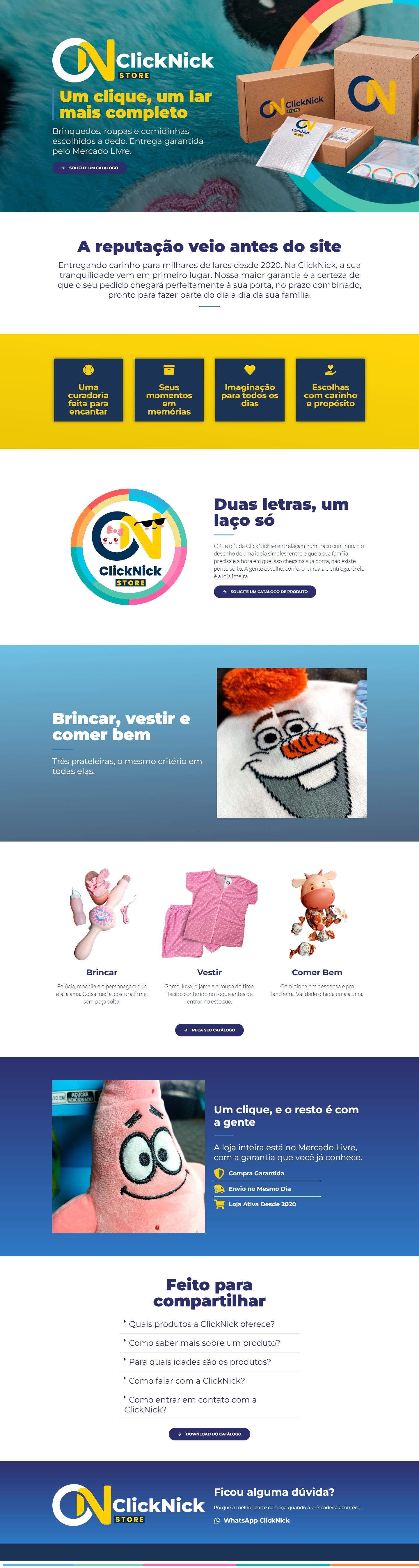 Página inicial da ClickNick Store, com o logotipo em amarelo, a frase Um clique, um lar mais completo e caixas com a nova marca, no computador