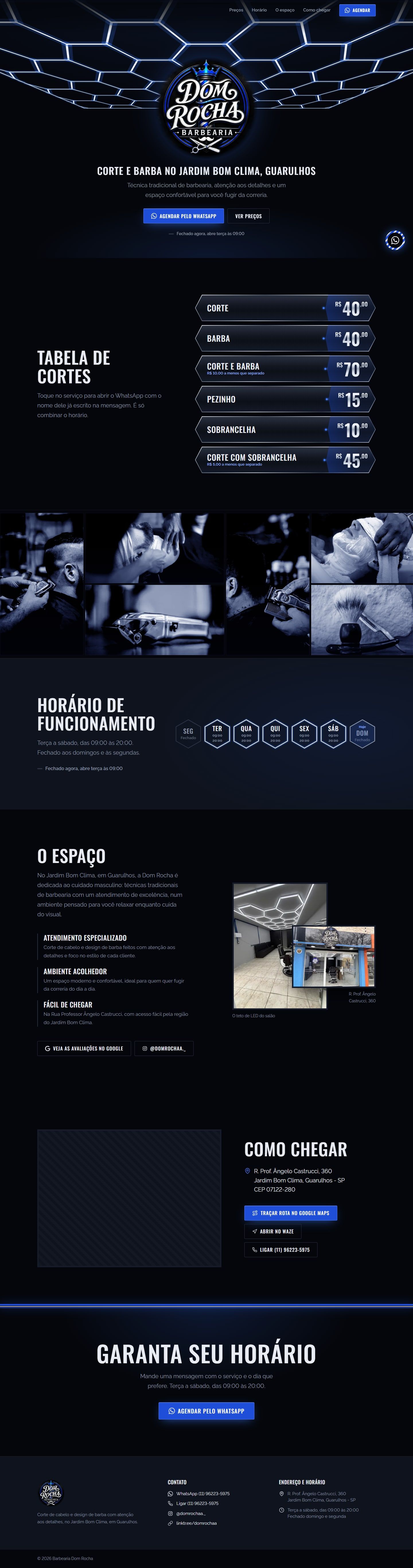 Site da Barbearia Dom Rocha em fundo escuro, com o brasão da barbearia sob luzes hexagonais e o botão Agendar pelo WhatsApp, no computador