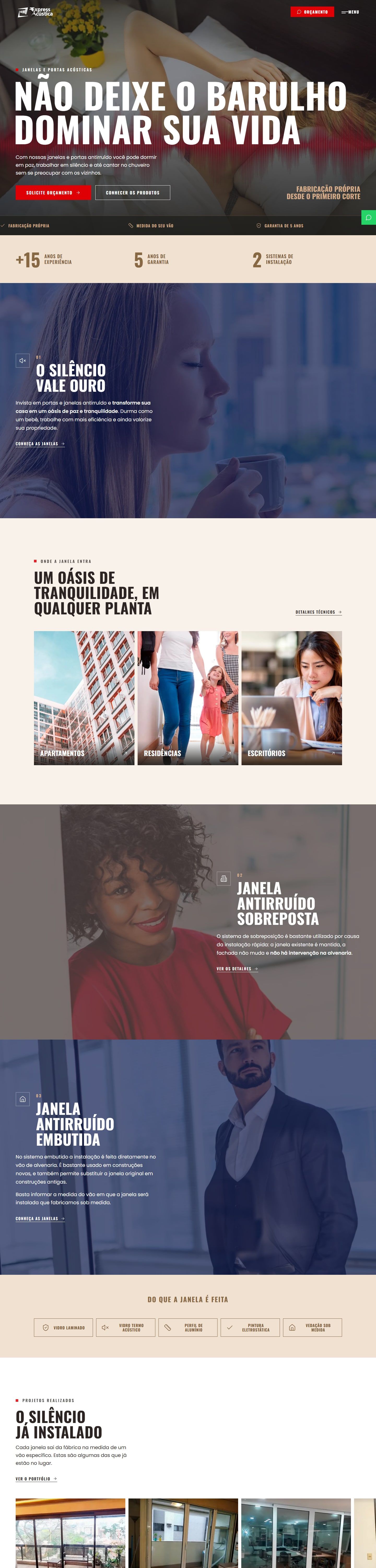 Site da Express Acústica em versão escura, com o título Não deixe o barulho dominar sua vida em letras brancas e botões vermelhos, no computador