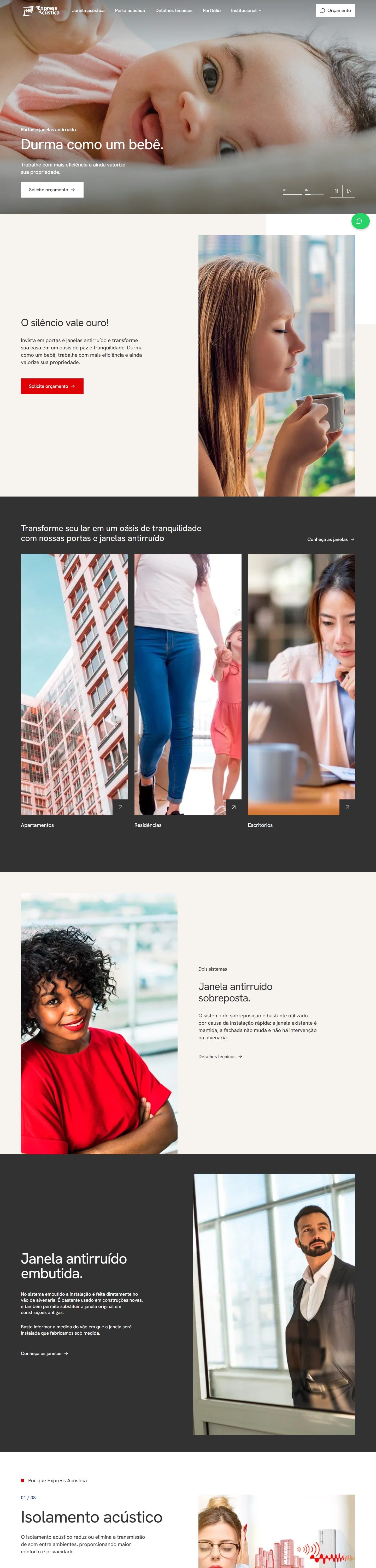 Site da Express Acústica em versão clara, com foto de um bebê dormindo e a frase Durma como um bebê, no computador