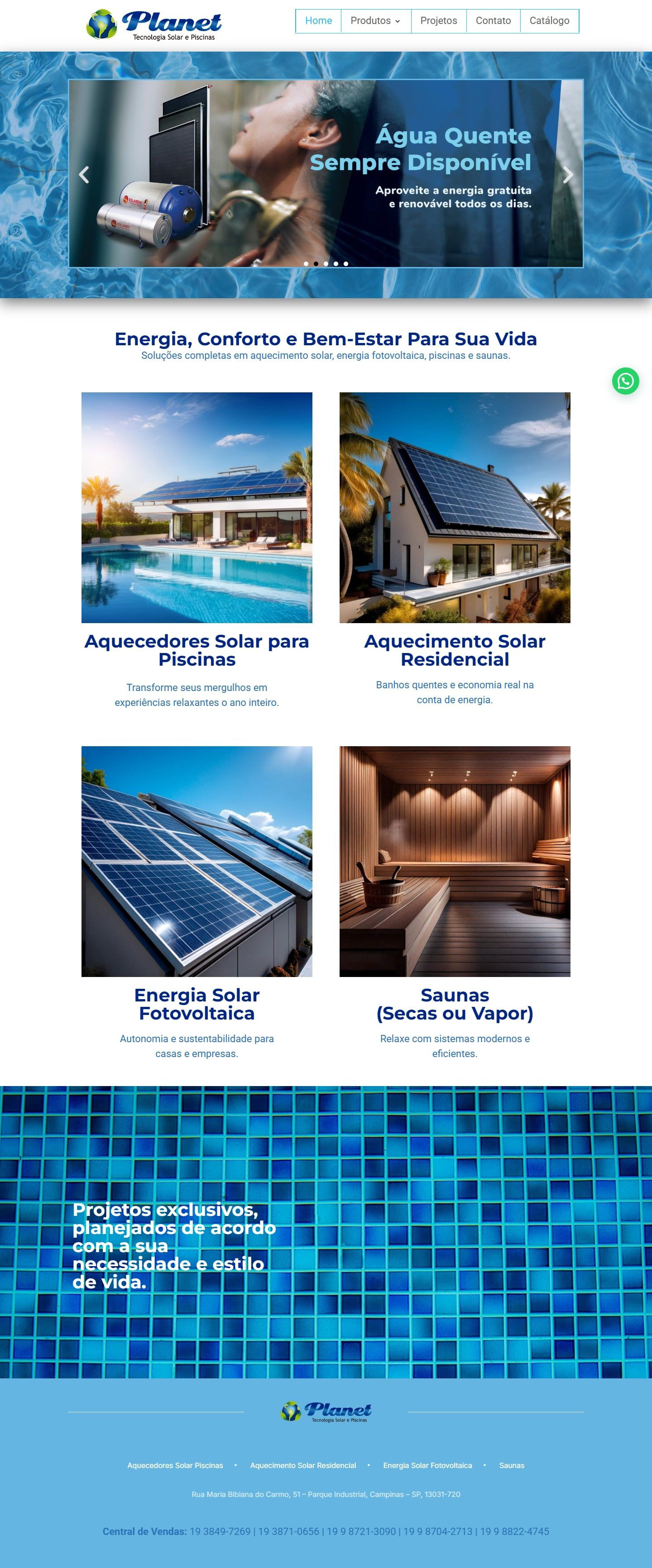 Site da Planet Tecnologia Solar e Piscinas, com fundo de água azul e um banner da bomba de calor com a frase Piscina na temperatura perfeita, sempre, no computador