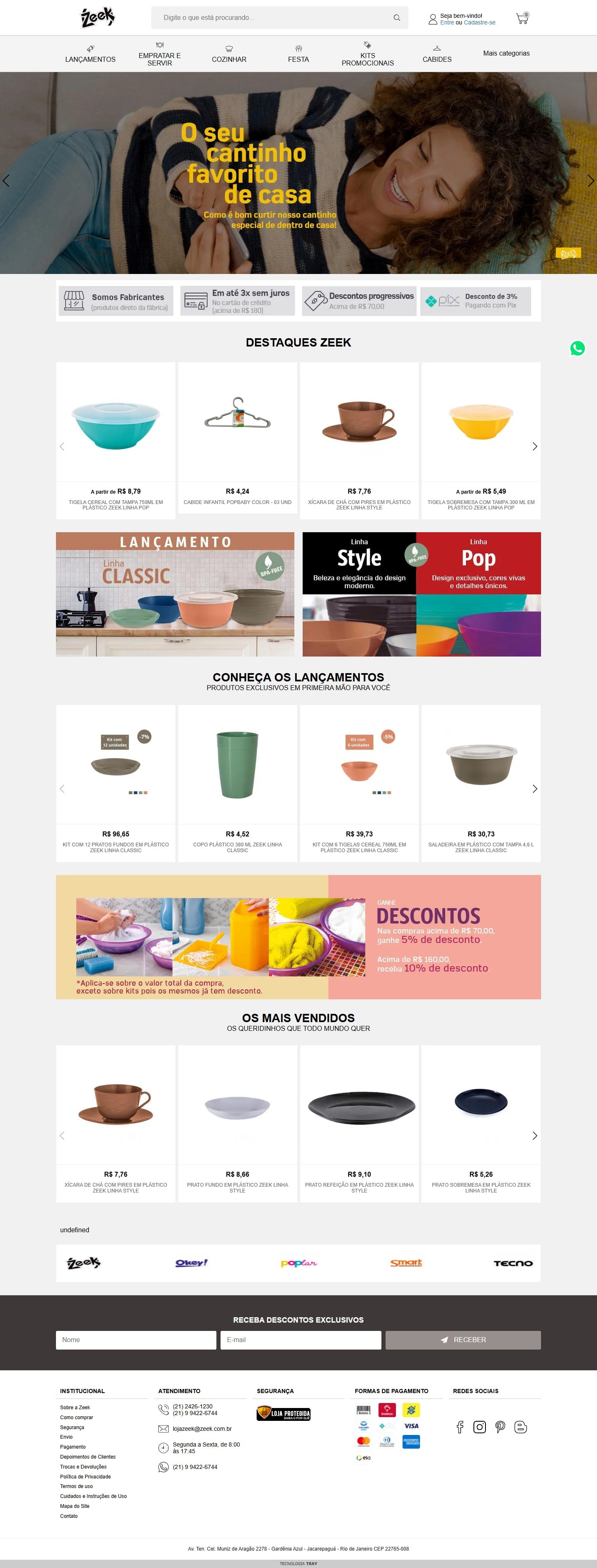 Loja virtual da Zeek, com busca, menu de categorias e banner com a frase O seu cantinho favorito de casa, no computador