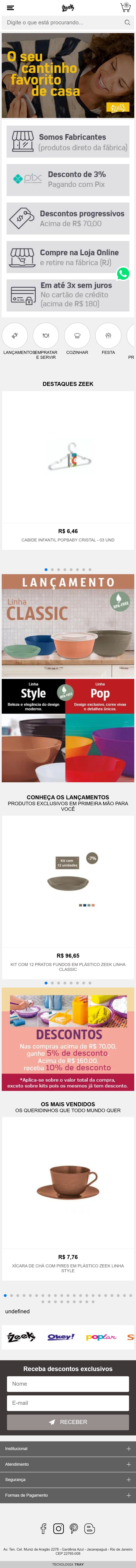Loja virtual da Zeek, com busca, menu de categorias e banner com a frase O seu cantinho favorito de casa, no celular
